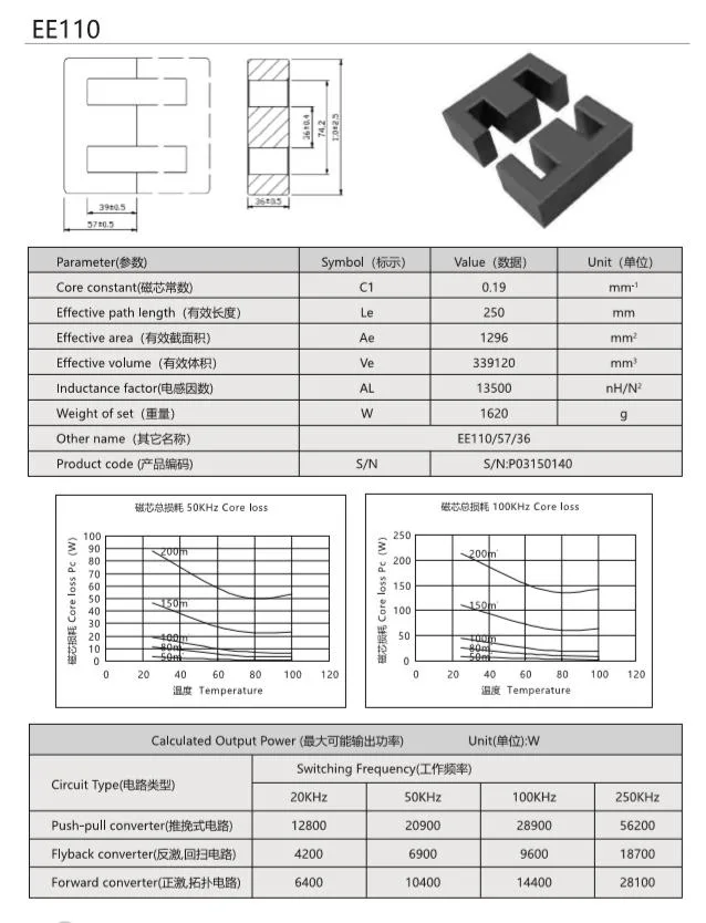 Mn-Zn Ferrite Core Ee110 Transformer Core Soft Ferrite Large Size